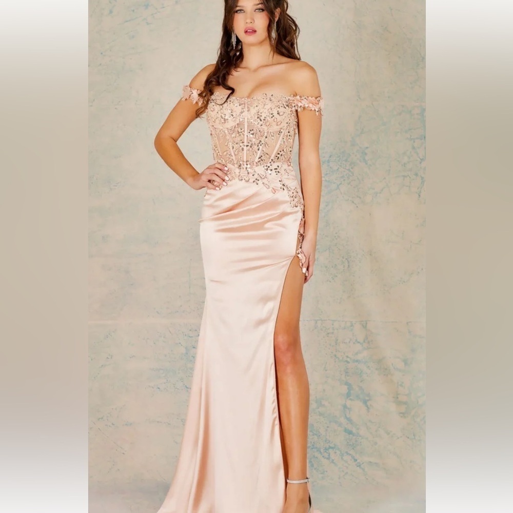 EMBROIDERED OFF SHOULDER CORSET SLIT GOWN BY ADORA 3132 in Champagne